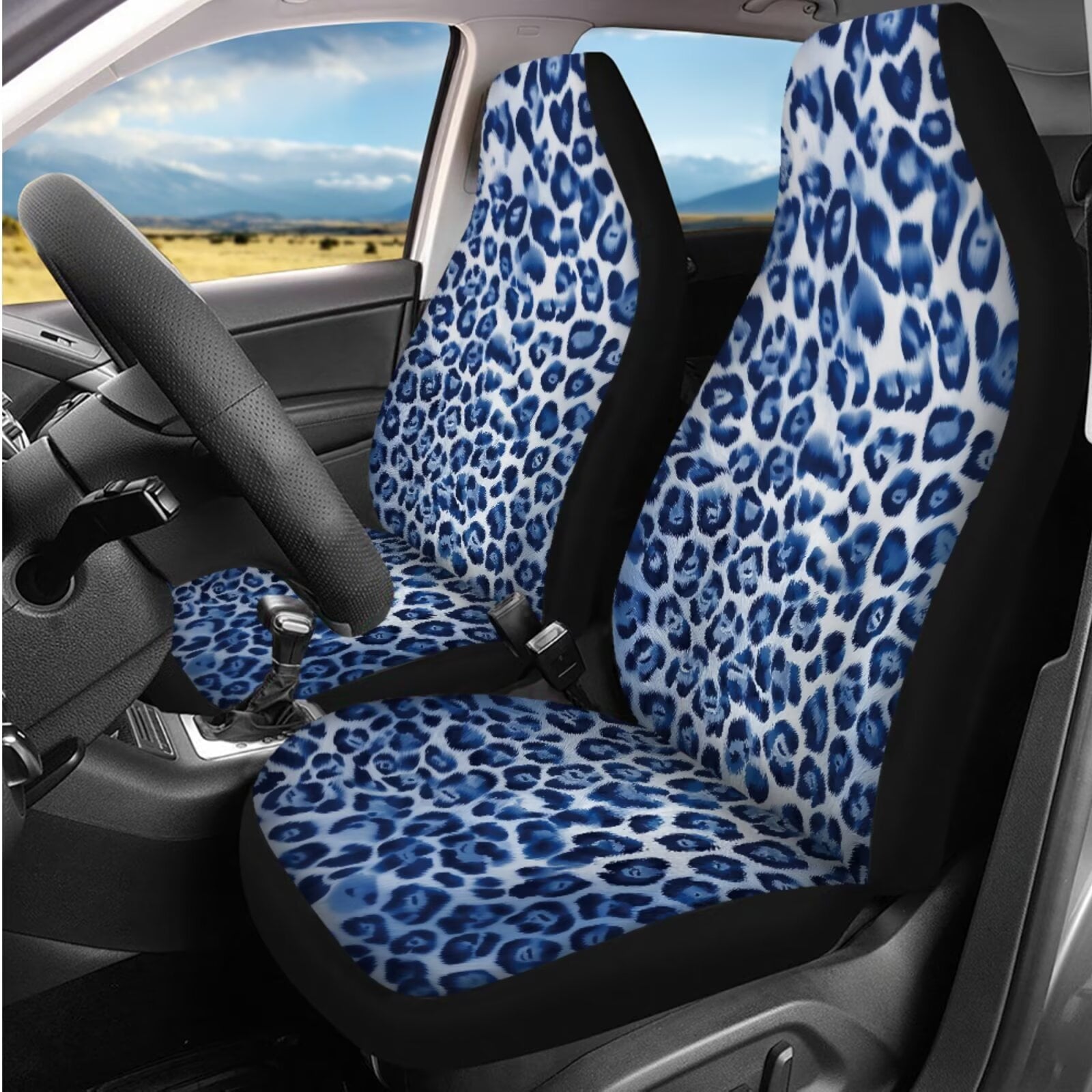 HUIACONG Blue Leopard Print Seat Covers for Cars for Women Full Set 14 Pcs Ca Seat Cover with Steering Wheel Cover Center Console Cover Seat Belt Covers Coasters Headrest Cover Keychain Universal Fit
