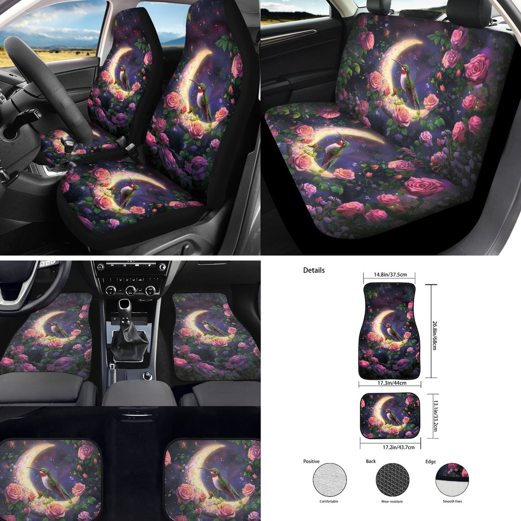 Jeiento Hummingbird 17 Piece Car Seat Cover Full Sets Car Accessories Set Car Front and Back Floor Mats Steering Wheel Covers Moon Armrest Cover Car Seat Belt Covers Coaster Keychain