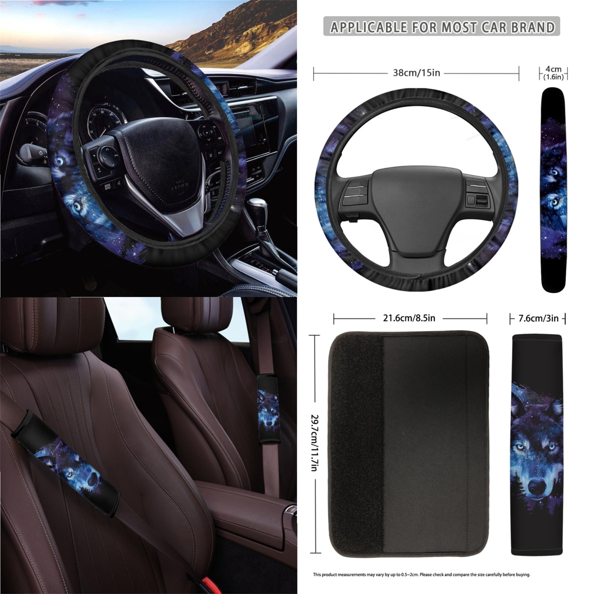 Jeiento Galaxy Wolf 15 PCS Car Seat Cover Full Set with Steering Wheel Cover Seat Belt Strap Cover Trash Cans Rear View Mirror Cover Cup Coaster Keychain Air Vent Storage Bag Car Decor