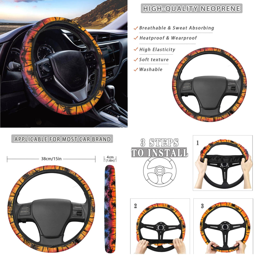 Jeiento Dusk Palm Leaves Car Seat Cover Full Set of 14 Car Seat Protector Auto Steering Wheel Cover Seatbelt Pads Armrest Cushion Trash Can Rearview Mirror Cover Handbrake Cover Set Coasters