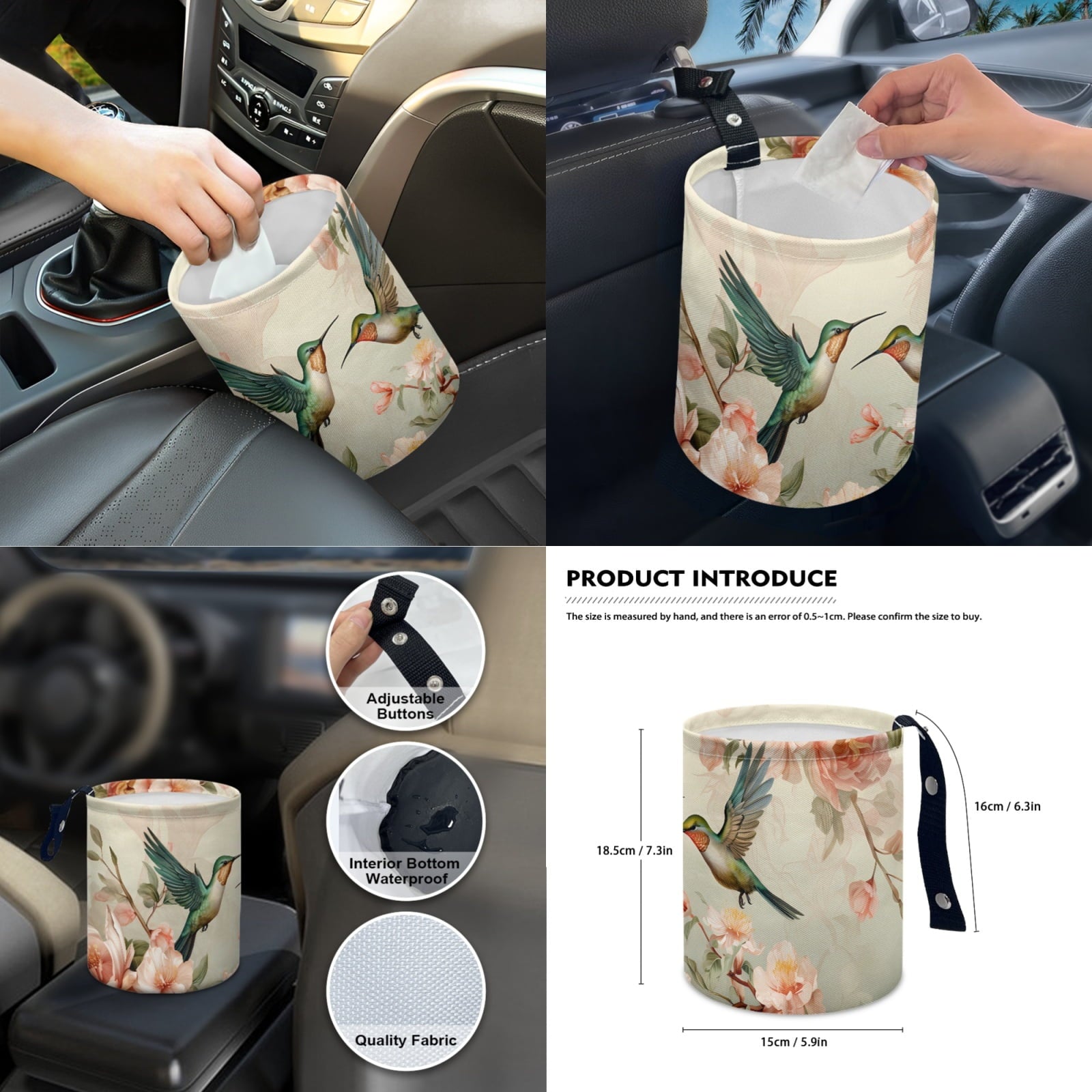 Jeiento Hummingbird 14 PCS Car Seat Cover Full Set Steering Wheel Cover Seat Belt Cover Trash Can Rear View Mirror Cover Flowers Coaster Center Console Cover Gear Shift Knob Cover Set Universal Fit