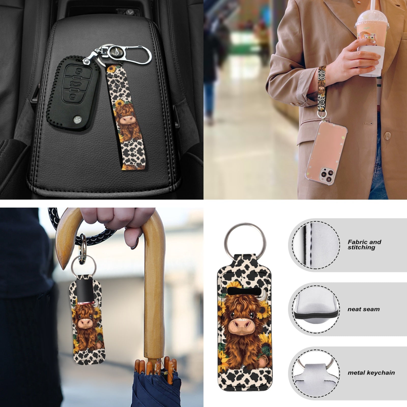 Yuyamidu Cute Highland Cow Car Seat Covers Full Set of 13 Cow Print Steering Wheel Cover Armrest Box Mat Seatbelt Pad Sunflowers Coasters Keychain Fit for SUV Van Truck Sedan