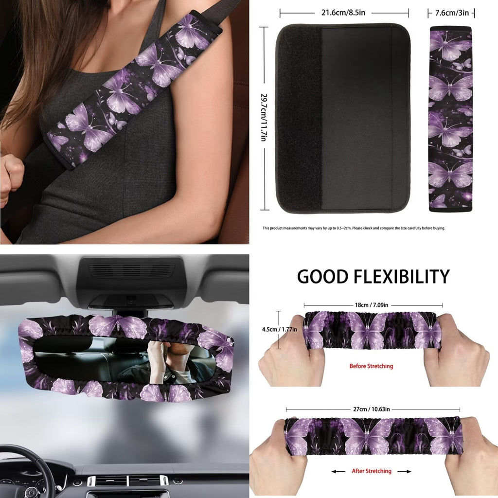KUIFORTI 12 Pcs Butterfly Car Seat Covers and Accessories for Women, Steering Wheel Cover,Seat Belt Shoulder Pad Mirror Cover Coasters Car Auto Air Vent Keychain Chapstick Holder Car Trash Can