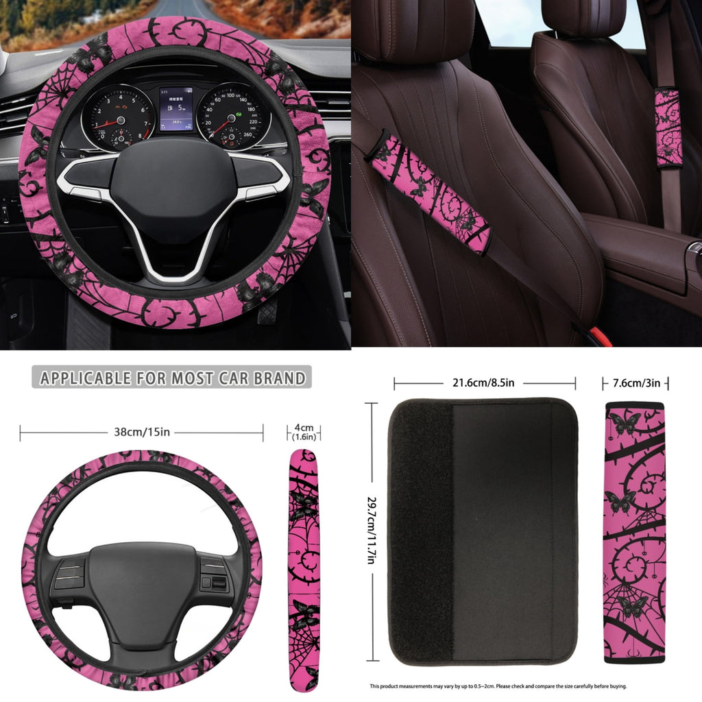 Yuyamidu Pink Gothic Car Accessories Sets Butterfly Car Seat Covers Car Floor Mats Steering Wheel Cover Seatbelt Shoulder Pad Handbrake Cover Gear Shift Knob Cover Coasters 15 PCS