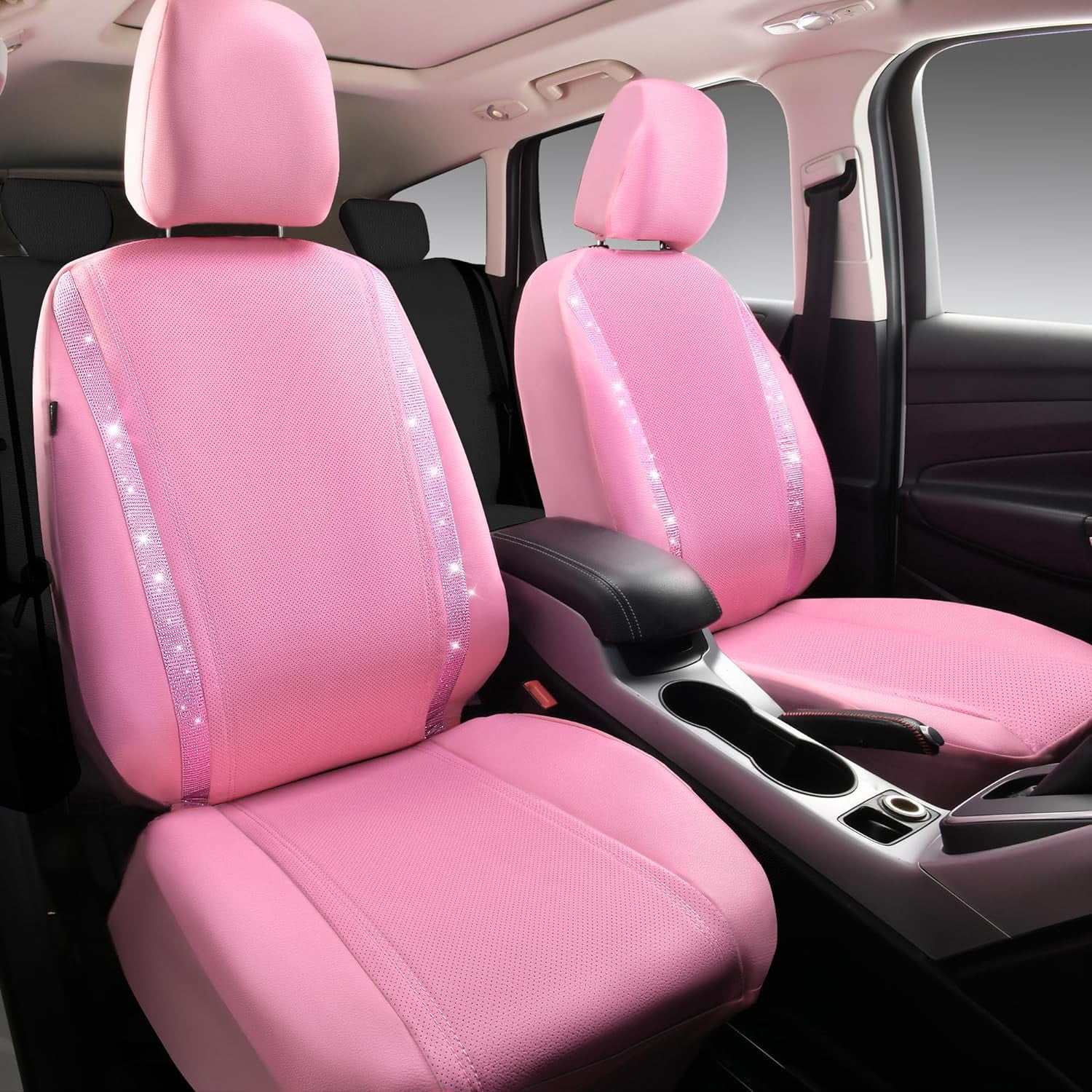 CAR GRAND Bling Car Seat Covers Front Pair, Shining Rhinestone Diamond Waterproof Faux Leather, Universal Fit Automotive Glitter Crystal Sparkle Strips for Cute Women Girl, solid pink