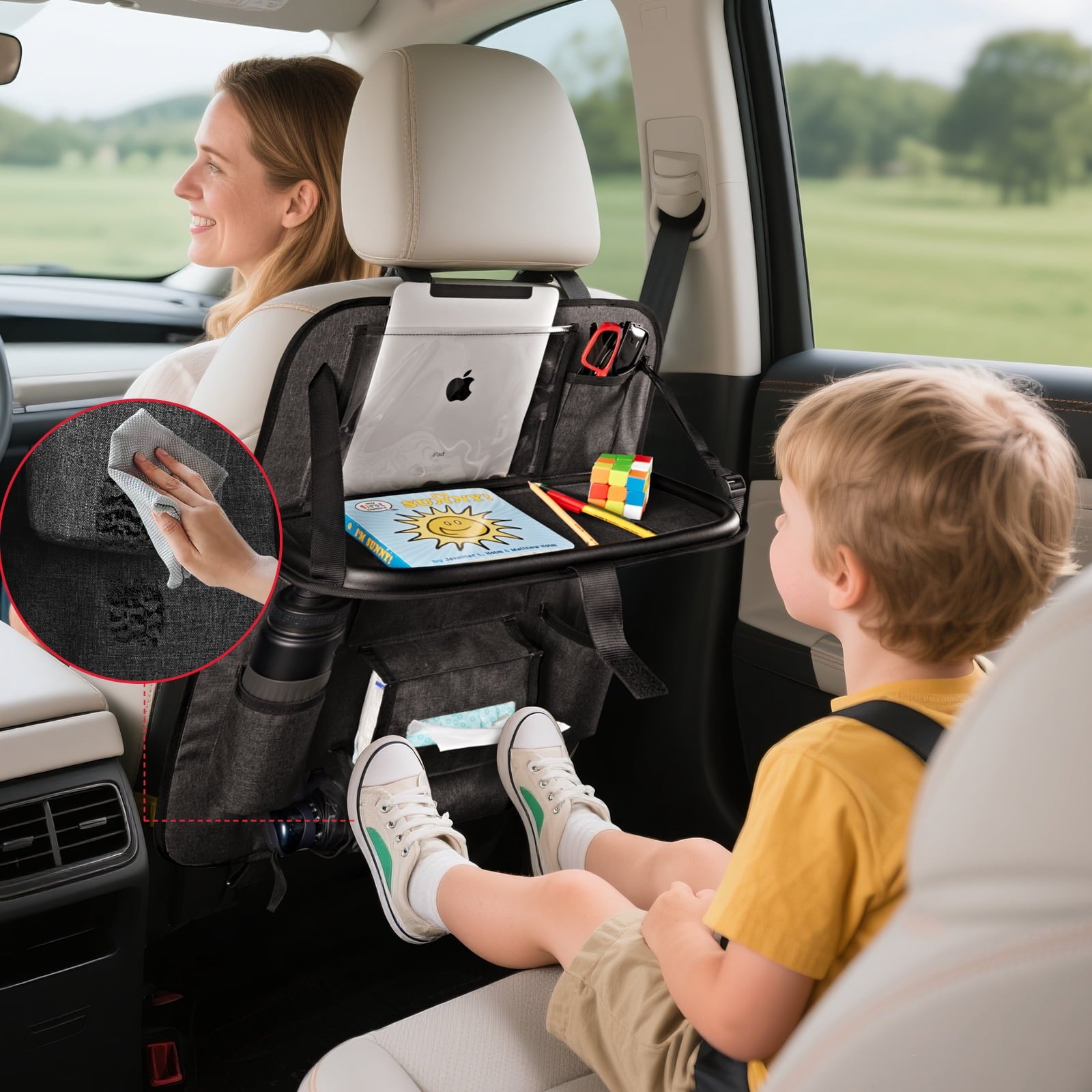 Rubbermaid Car Backseat Organizer, Foldable Table Tray, Storage Bag with Multiple Pockets for Cars, Trucks and SUVs.