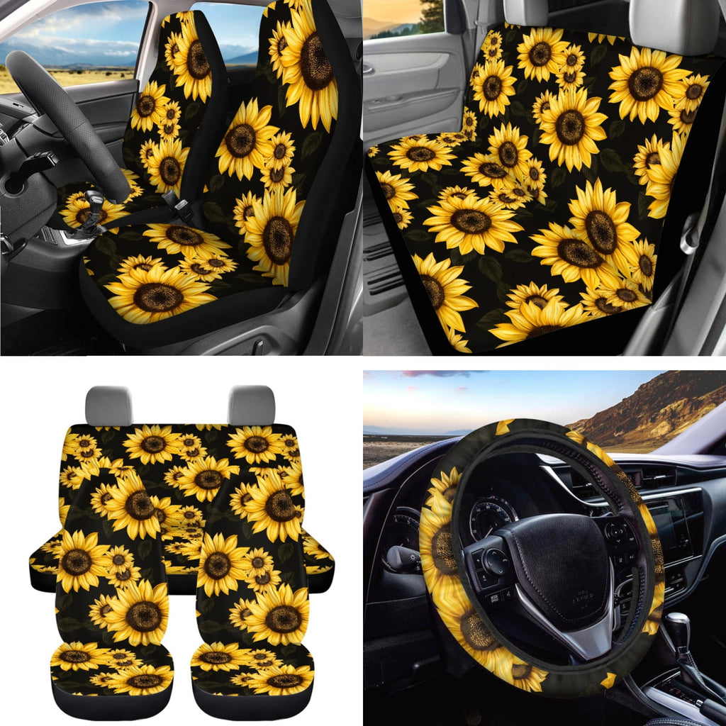 Jeiento Sunflower Car Seat Covers Set of 15 Steering Wheel Cover Seatbelt Cushion Pad Trash Bin Car Vent Organizer Pouch Rearview Mirror Cover Cup Holder Wristlet Keychain for SUV Van Sedan