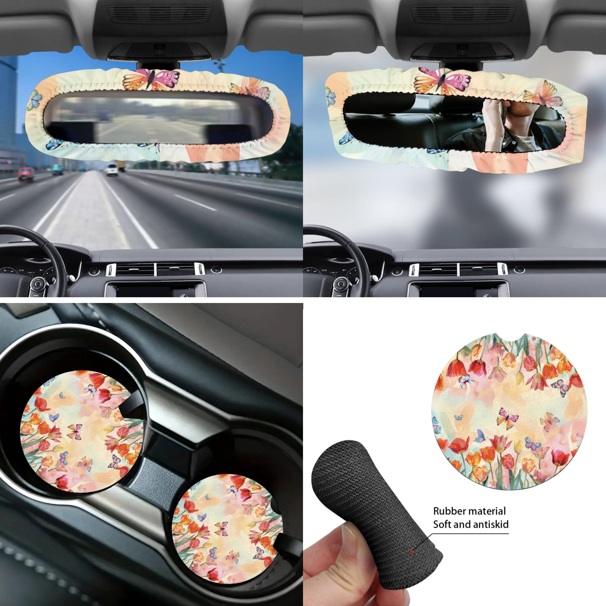 Yuyamidu Tulip Car Seat Covers Set with Steering Wheel Cover Seat Belt Covers Trash Bin Rear View Mirror Cover Butterfly Car Armrest Cover Cushion Coasters Gear Shift Knob Cover for Women, 14 PCS