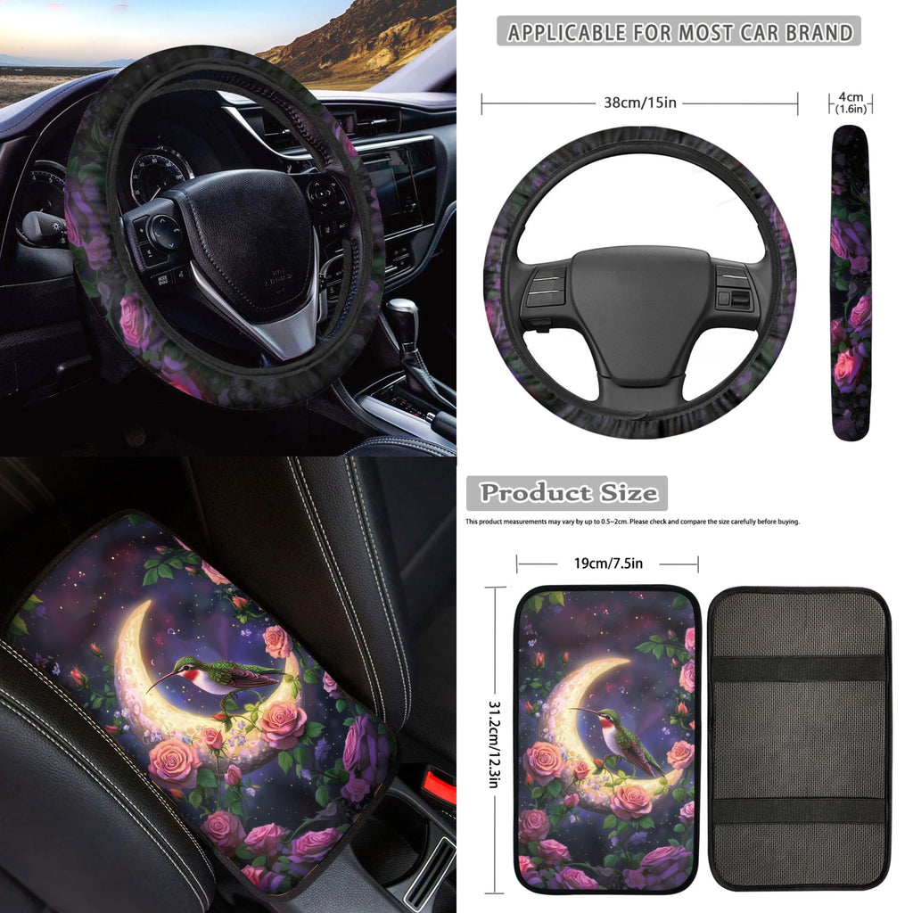 Jeiento Hummingbird 17 Piece Car Seat Cover Full Sets Car Accessories Set Car Front and Back Floor Mats Steering Wheel Covers Moon Armrest Cover Car Seat Belt Covers Coaster Keychain