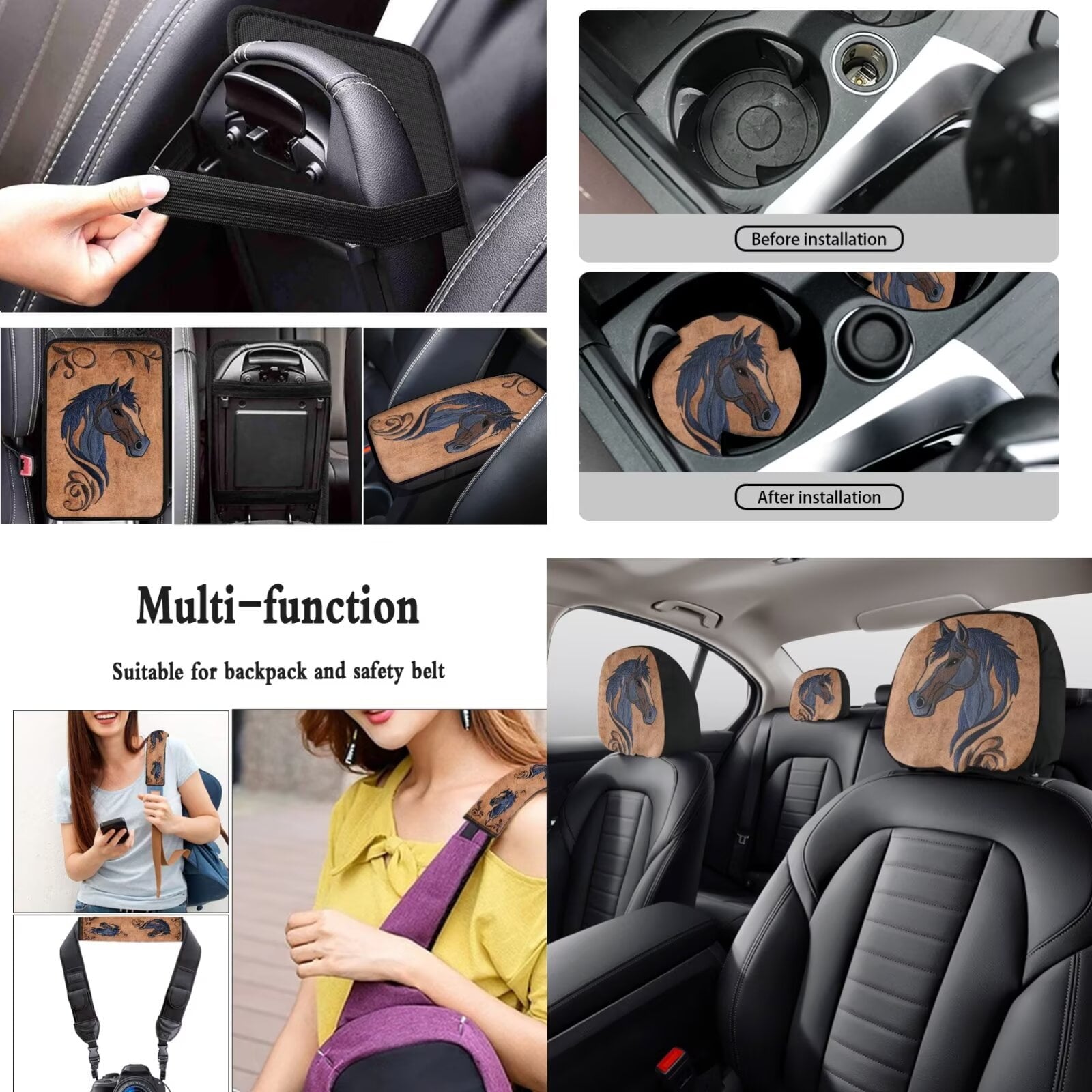 LedBack Horse Print Car Seat Covers Set of 15 Car Front and Back Seat Cover Steering Wheel Cover Armrest Pads Covers Headrests Cover Seatbelt Cover Car Coaster Keychain, Car Interior Accessories