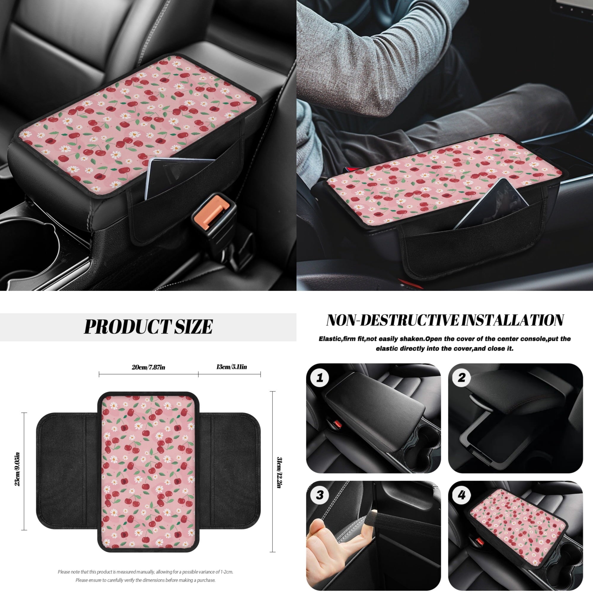Yuyamidu 14 PCS Cherry Car Seat Covers Set with Steering Wheel Cover Daisy Seat Belt Covers Trash Bin Rear View Mirror Cover Pink Car Armrest Cover Cushion Coasters Gear Shift Knob Cover