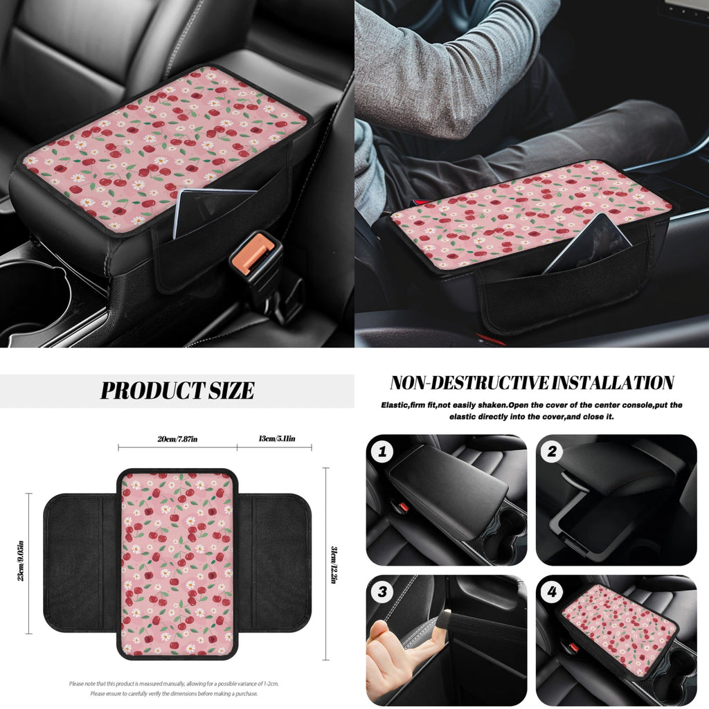 Yuyamidu 14 PCS Cherry Car Seat Covers Set with Steering Wheel Cover Daisy Seat Belt Covers Trash Bin Rear View Mirror Cover Pink Car Armrest Cover Cushion Coasters Gear Shift Knob Cover