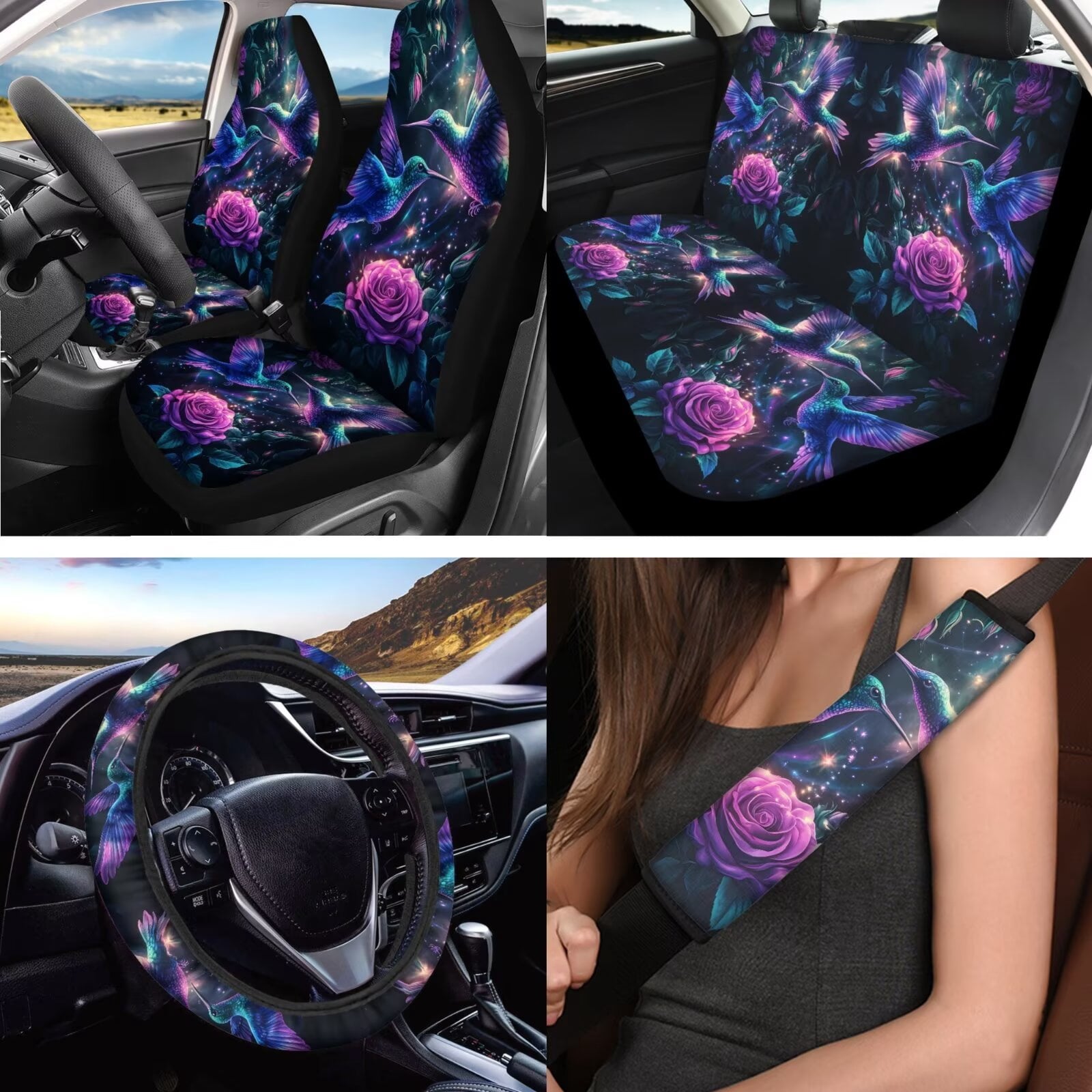 Jeiento Hummingbird Car Seat Cover Split Covers for Women, Steering Wheel Cover Seat Belt Strap Pad Trash Bag Mount Phone Holder Cup Holder Purple Rose Key Chain, 12 PCS