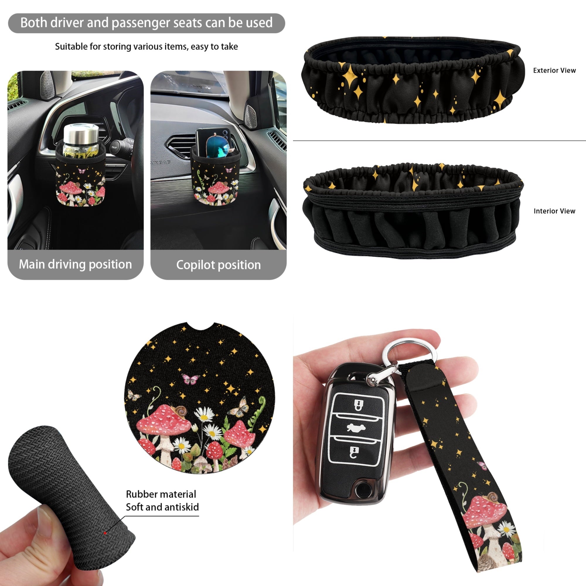 Yuyamidu Mushroom Car Seat Cover Set of 15 Daisy Steering Wheel Cover Seat Belt Covers Trash Bag Air Vent Holder Rear View Mirror Cover Cup Coasters Key Chain Auto Interior Accessories