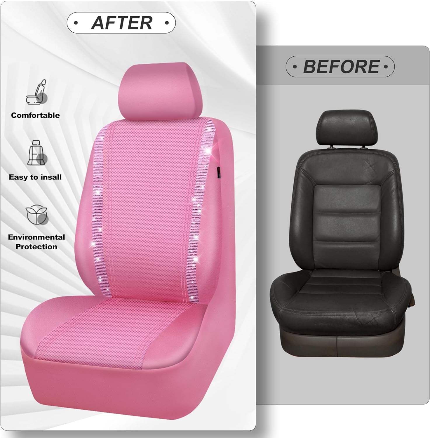 CAR GRAND Bling Car Seat Covers Front Pair, Shining Rhinestone Diamond Waterproof Faux Leather, Universal Fit Automotive Glitter Crystal Sparkle Strips for Cute Women Girl, solid pink