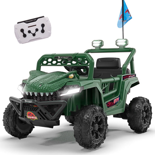 12V Ride On Cars for Kids, Kids Ride on Toys with Remote Control, Dinosaur Kids UTV Cars, 4 Wheel Suspension Electric Vehicle with Bluetooth, Music, LED, Ideal Gift for Boys Girls 2-4, Green