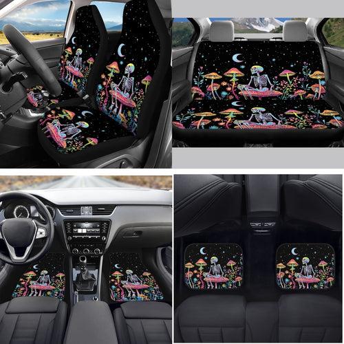 Yuyamidu Skull Car Seat Cover Full Set of 15 Red Mushroom Car Floor Mats Steering Wheel Cover Seat Belt Covers Cup Coasters Handbrake Cover Set