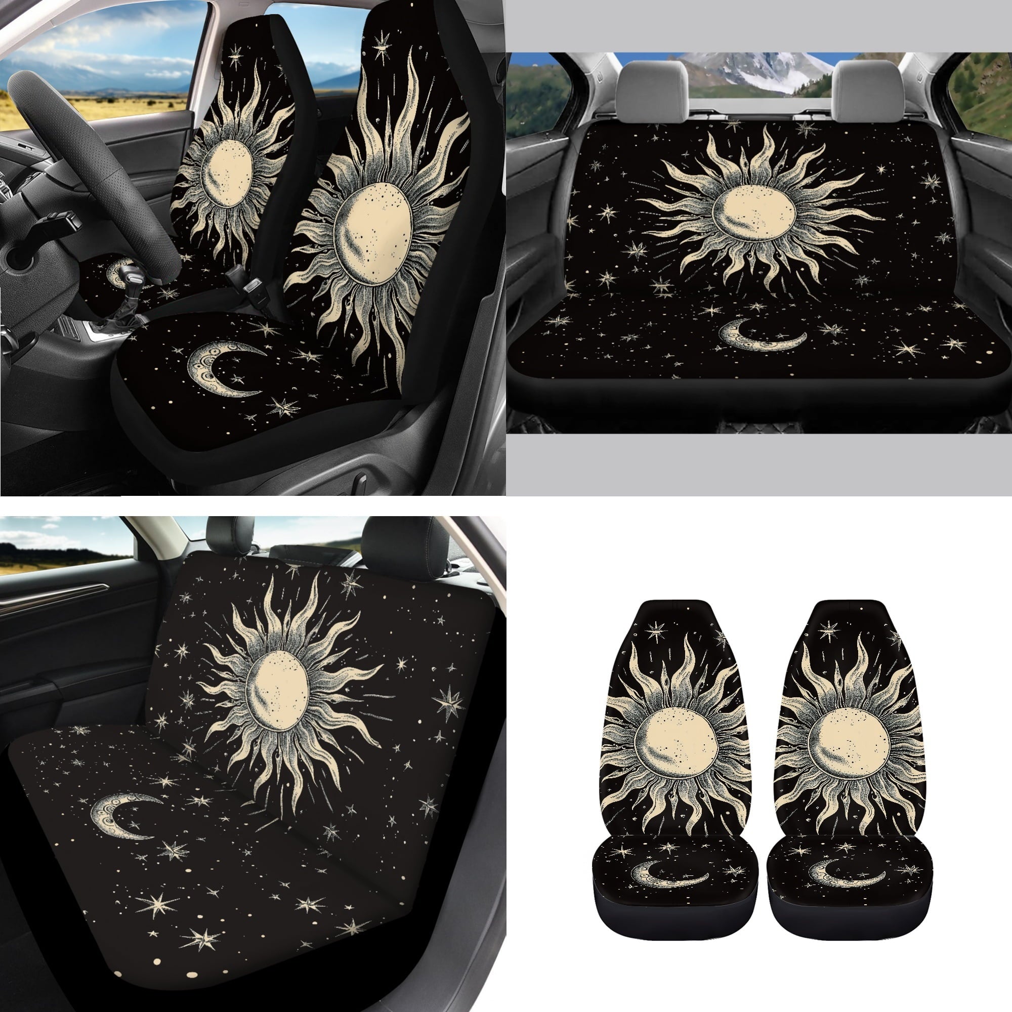 Yuyamidu Sun and Moon Car Seat Cover Full Set of 14 Steering Wheel Cover Auto Seatbelt Pads Cup Coaster Trash Can Rear View Mirror Cover Coasters Armrest Cover Gear Shift Knob Cover Set