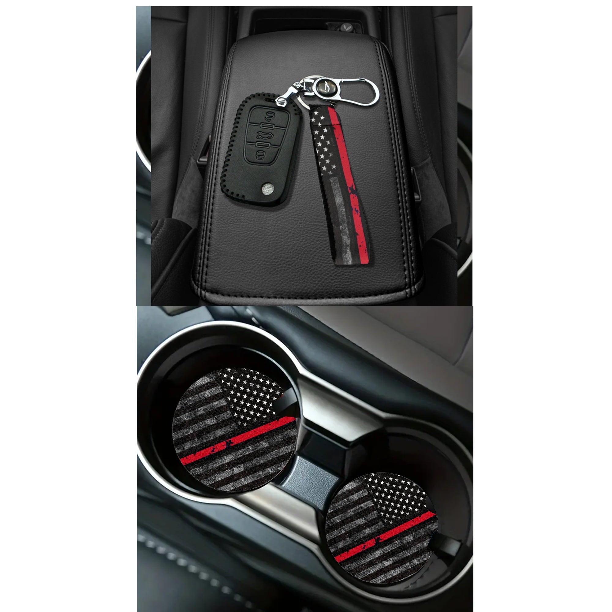 Jeiento American Honoring Firefighter Flags Car Seat Cover with Steering Wheel Seatbelt Pad Trash Bin Air Vent Storage Holder Rear View Mirror Cover Cup Holders Keychain for Car Decor
