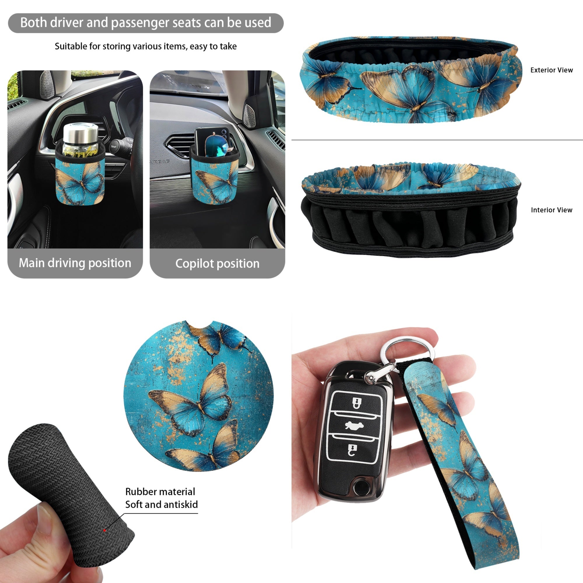 Yuyamidu Butterly Car Seat Cover Full Set of 15 Blue Steering Wheel Protector Auto Seatbelt Pads Cup Coaster Trash Bin Air Vent Storage Box Rear View Mirror Cover Coasters Keychain