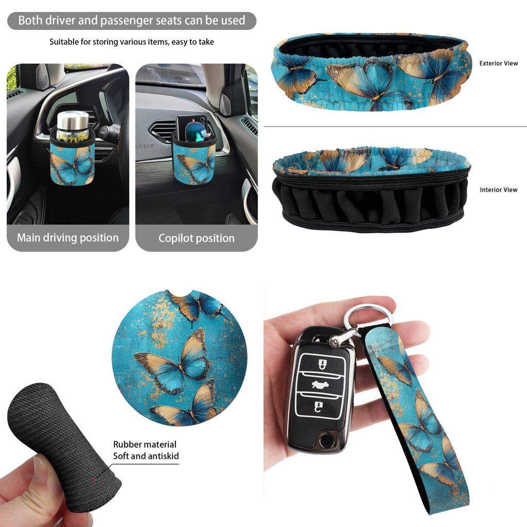 Yuyamidu Butterly Car Seat Cover Full Set of 15 Blue Steering Wheel Protector Auto Seatbelt Pads Cup Coaster Trash Bin Air Vent Storage Box Rear View Mirror Cover Coasters Keychain