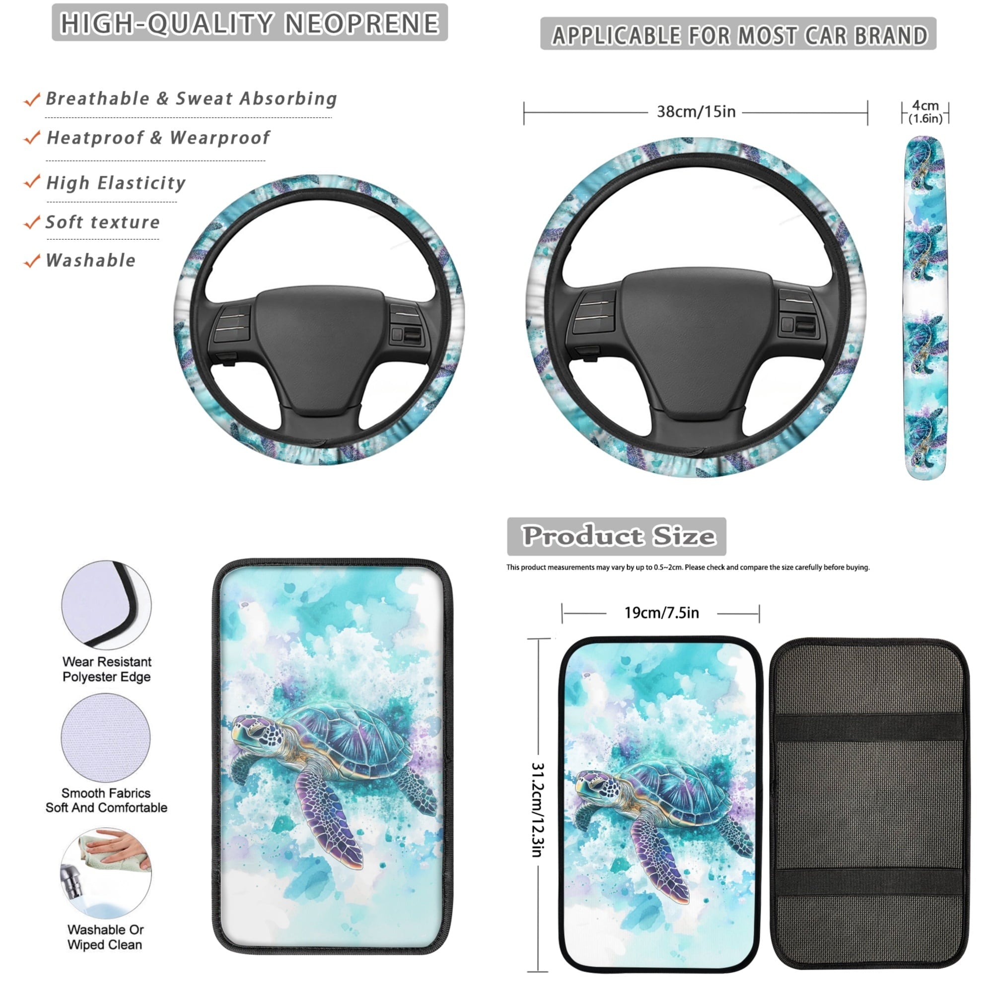 Jeiento 13 PCS Car Seat Cover Full Set, with Steering Wheel Cover Seat Belt Strap Cover Armrest Cushion Cup Coaster Keychain Lipstick Holder Watercolor Sea Turtle Auto Decor Fit for SUV Van Sedan