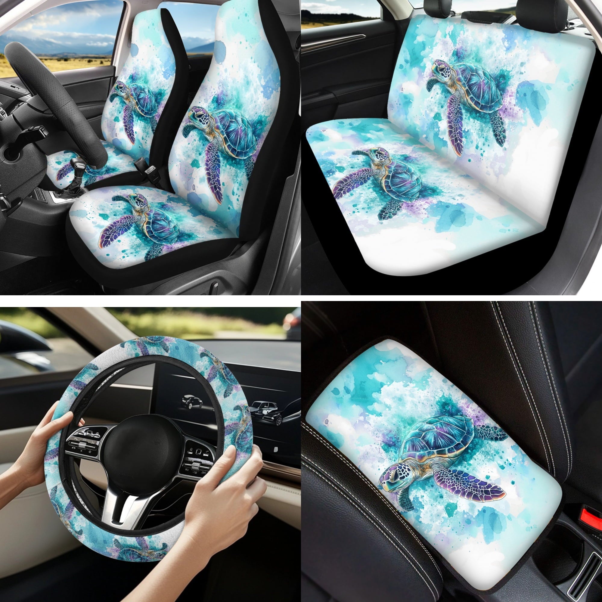 Jeiento 13 PCS Car Seat Cover Full Set, with Steering Wheel Cover Seat Belt Strap Cover Armrest Cushion Cup Coaster Keychain Lipstick Holder Watercolor Sea Turtle Auto Decor Fit for SUV Van Sedan