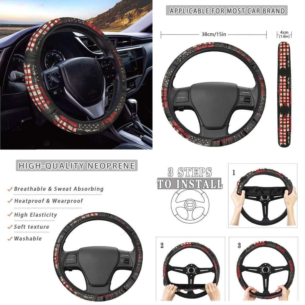 Jeiento American Honoring Firefighter Flags Car Front Back Seat Covers 14 PCS Set with Steering Wheel Cover Seatbelt Pad Trash Can Armrest Cover Rearview Mirror Cover Handbrake Cover Set Coasters