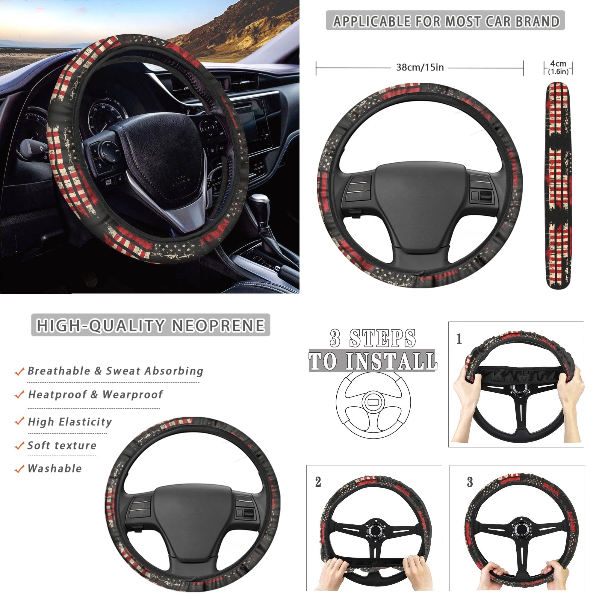 Jeiento American Honoring Firefighter Flags Car Front Back Seat Covers 14 PCS Set with Steering Wheel Cover Seatbelt Pad Trash Can Armrest Cover Rearview Mirror Cover Handbrake Cover Set Coasters