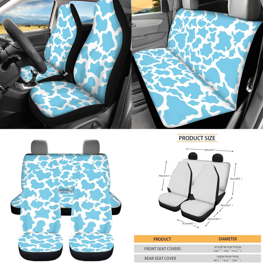 Yuyamidu 12 PCS Blue Cow Print Car Seat Covers Set Cute Steering Wheel Cover Seat Belt Pads Cup Coasters Chapstick Holder Key Chain Keychain Wristlet