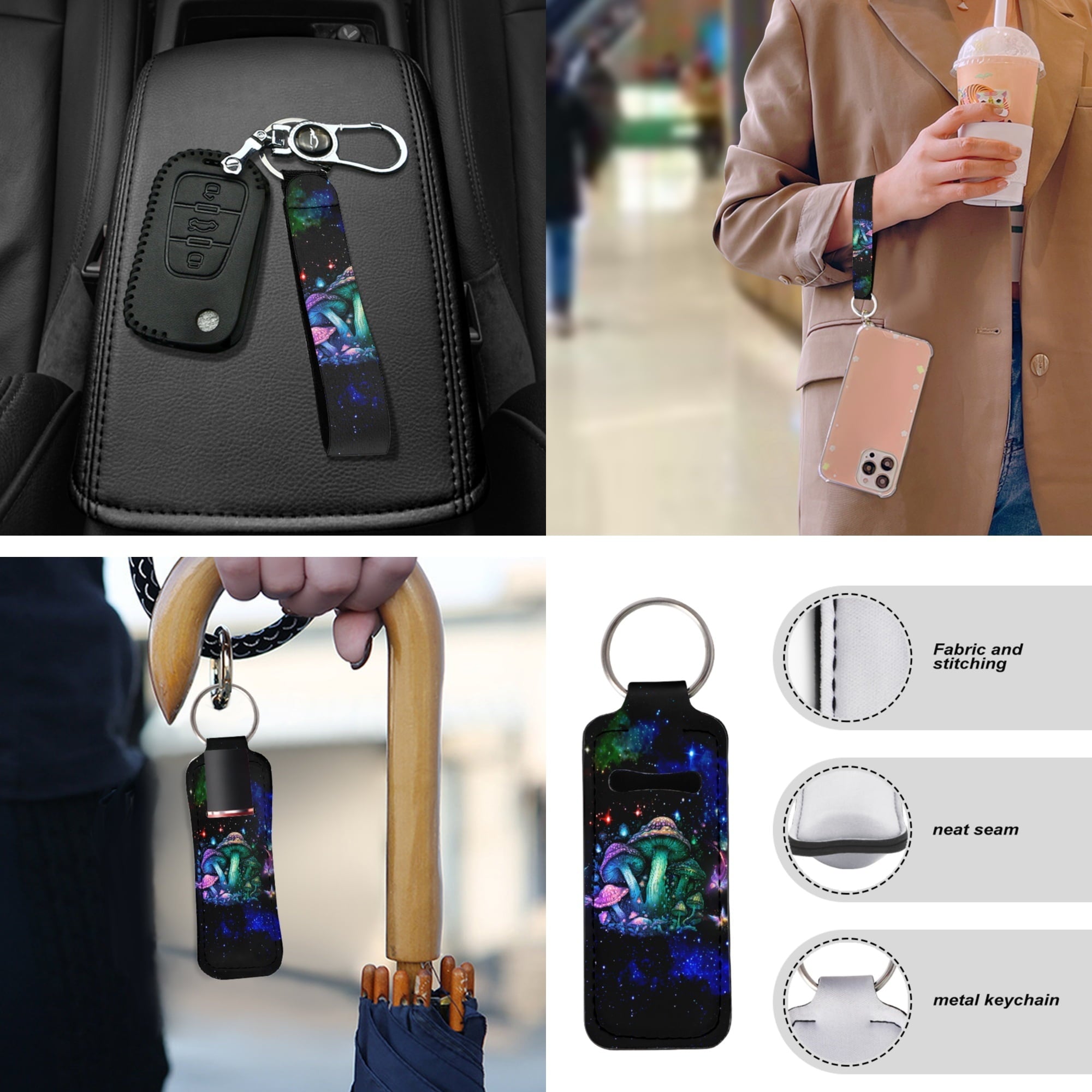 Jeiento Hippie Mushroom Car Seat Cover Full Set of 13 Steering Wheel Cover Seatbelt Pads Auto Armrest Cover Coasters Key Chain for Van SUV Sedan Truck