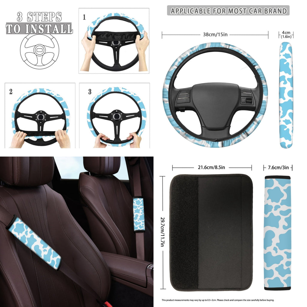 Yuyamidu 12 PCS Blue Cow Print Car Seat Covers Set Cute Steering Wheel Cover Seat Belt Pads Cup Coasters Chapstick Holder Key Chain Keychain Wristlet