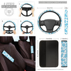 Yuyamidu 12 PCS Blue Cow Print Car Seat Covers Set Cute Steering Wheel Cover Seat Belt Pads Cup Coasters Chapstick Holder Key Chain Keychain Wristlet