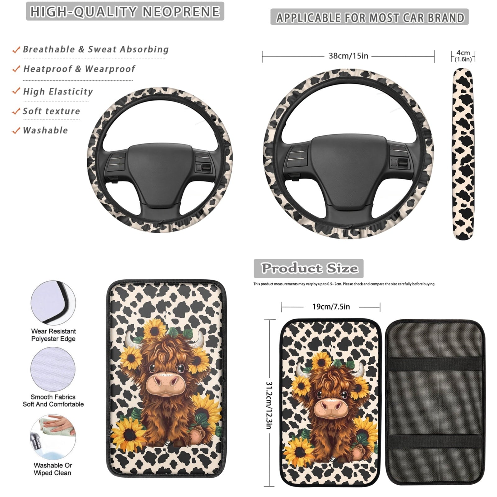 Yuyamidu Cute Highland Cow Car Seat Covers Full Set of 13 Cow Print Steering Wheel Cover Armrest Box Mat Seatbelt Pad Sunflowers Coasters Keychain Fit for SUV Van Truck Sedan