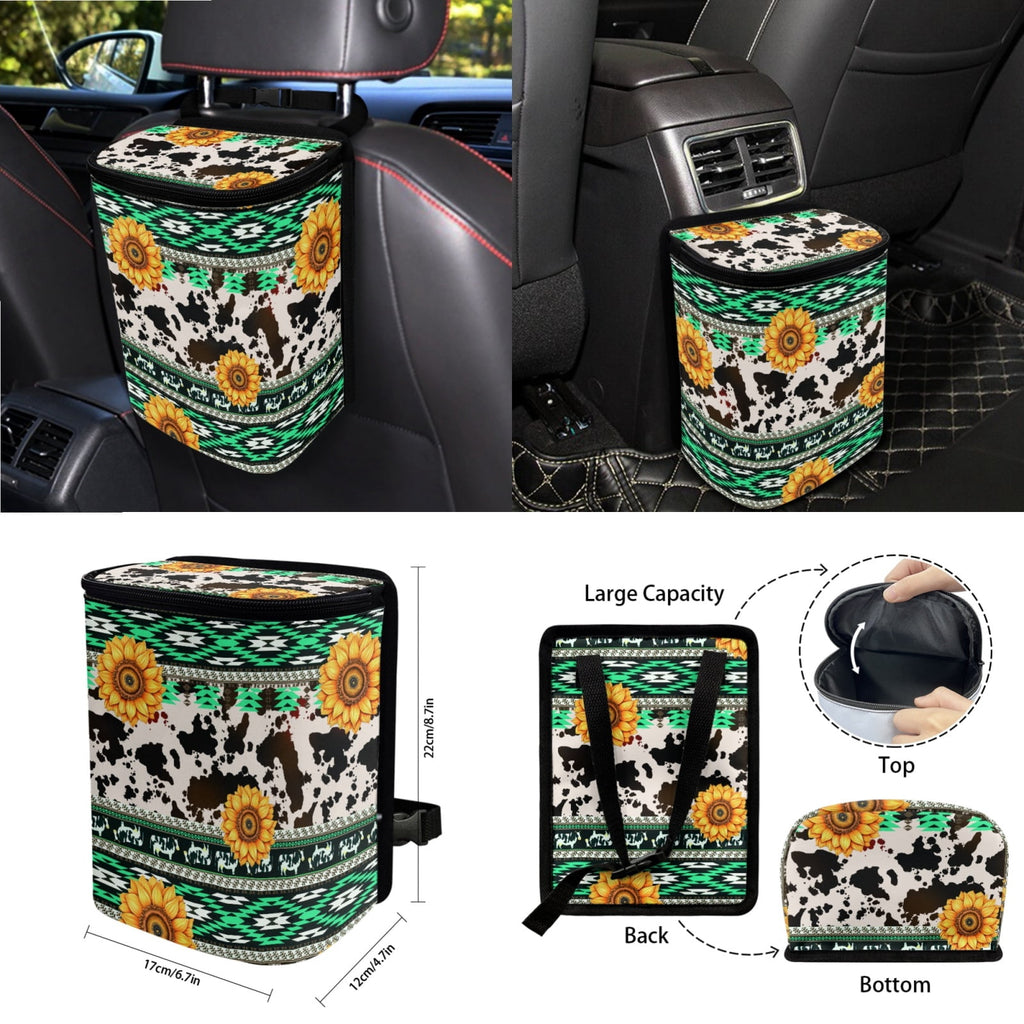Xoenoiee American Sunflower Cow Print Car Seat Cover for Women Men, with Steering Wheel Cover Seat Belt Strap Pad Trash Bag Mount Phone Holder Rearview Mirror Accessory Cup Holder Key Chain, 15 PCS