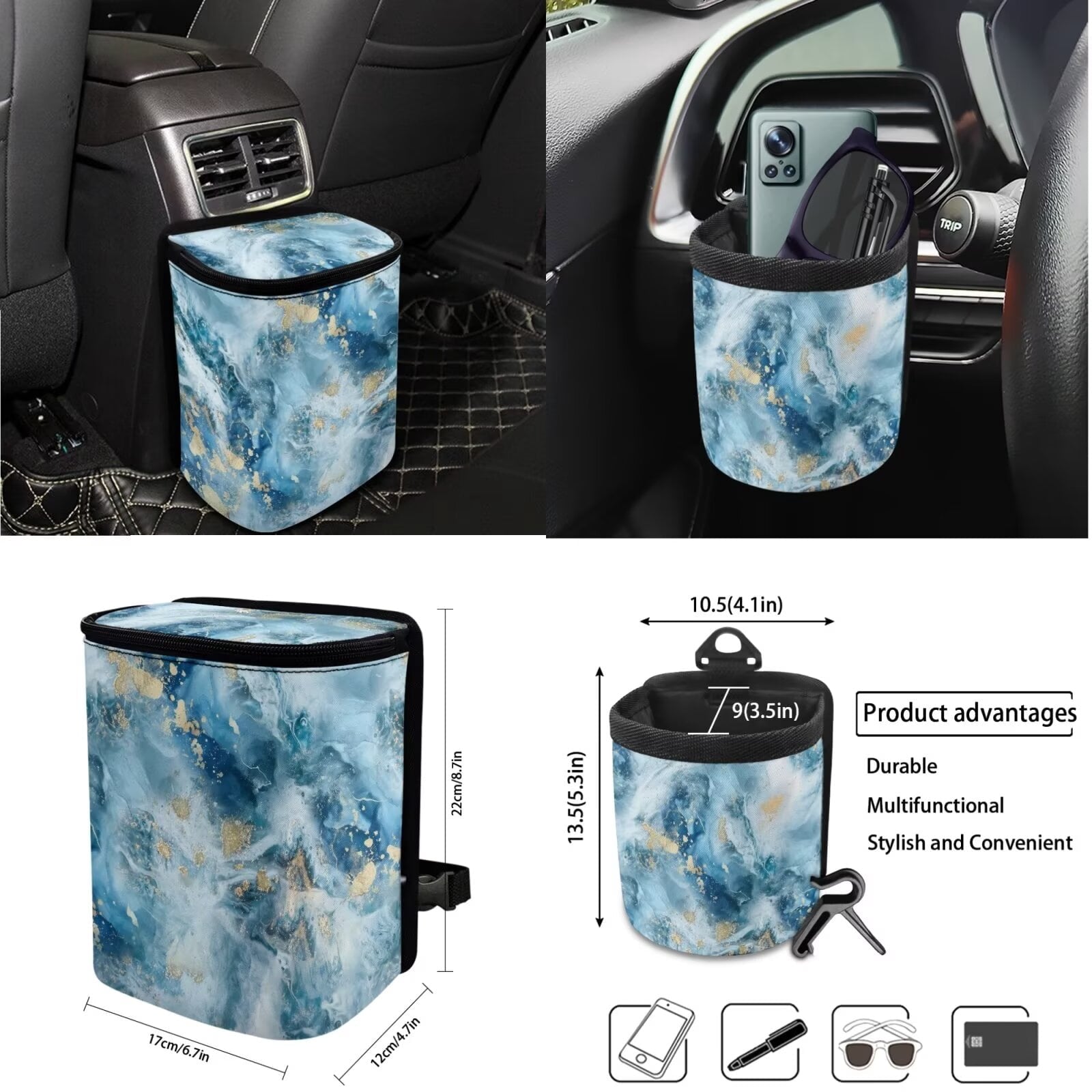 KUIFORTI Blue Tie Dye 15 PCS Car Seat Cover Set Seat Covers Steering Wheel Cover Seat belt Cover Pad Cup Coasters Car Trash Can Car Storage Box Rear View Mirror Cover Keychain