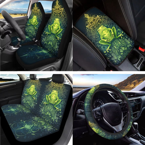 LedBack Boho Frog Printed Car Seat Covers Full Set Steering Wheel Cover Seat Belt Cover Armrest Pad Cup Mat Keychain Head Rest Covers for Car, Rear Front Seat Protector Car Accessories