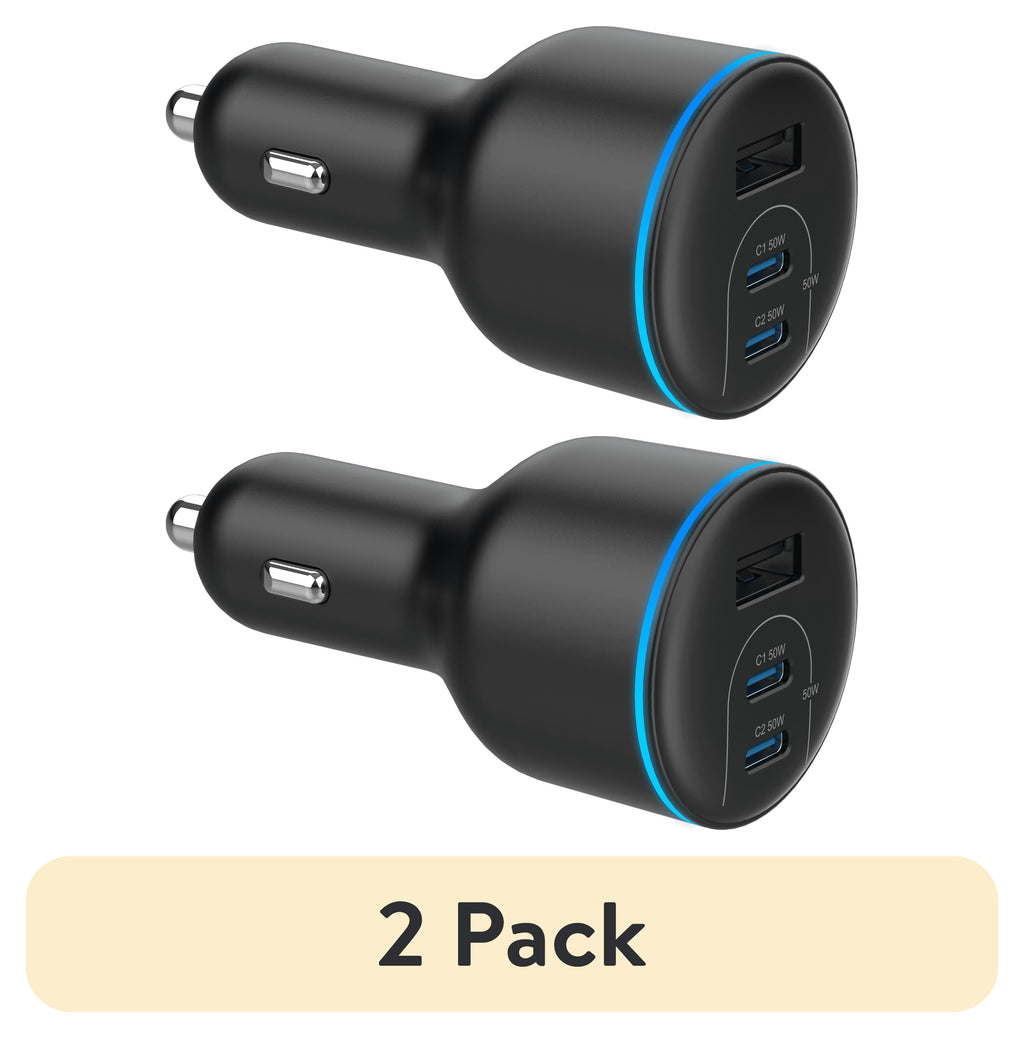 (2 pack) Onn 62W Multi-Port USB-C/USB-A Car Charger, Fast Charging, USB-IF Certified, Foldable Plug, White - Compatible with iPhone, iPad, AirPods, Samsung Galaxy, Note, Pixel & More