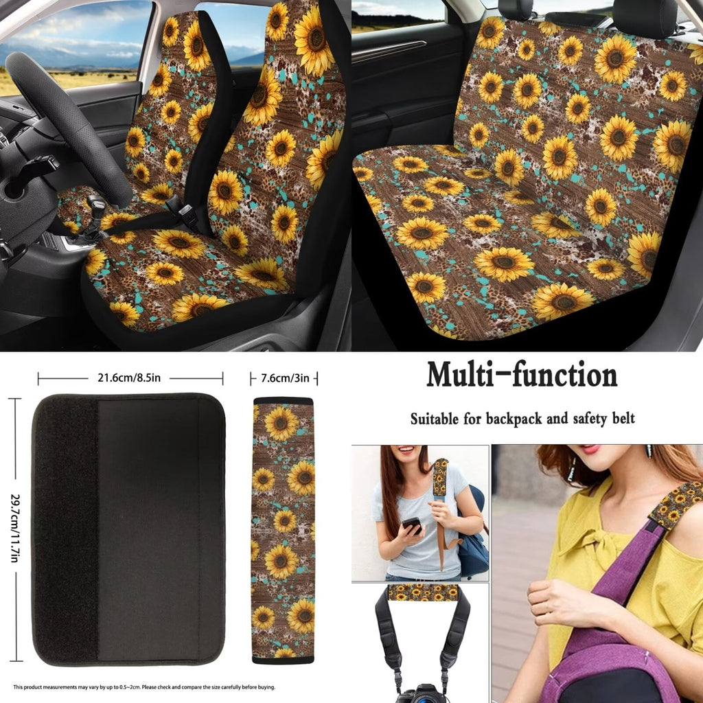 KUIFORTI Sunflower Car Seat Covers Full Set 15 Piece Car Seat Cover Steering Wheel Cover Seatbelt Covers Car Cup Coasters Car Trash Bag Air Vent Storage Bag Rear View Mirror Cover Keychain