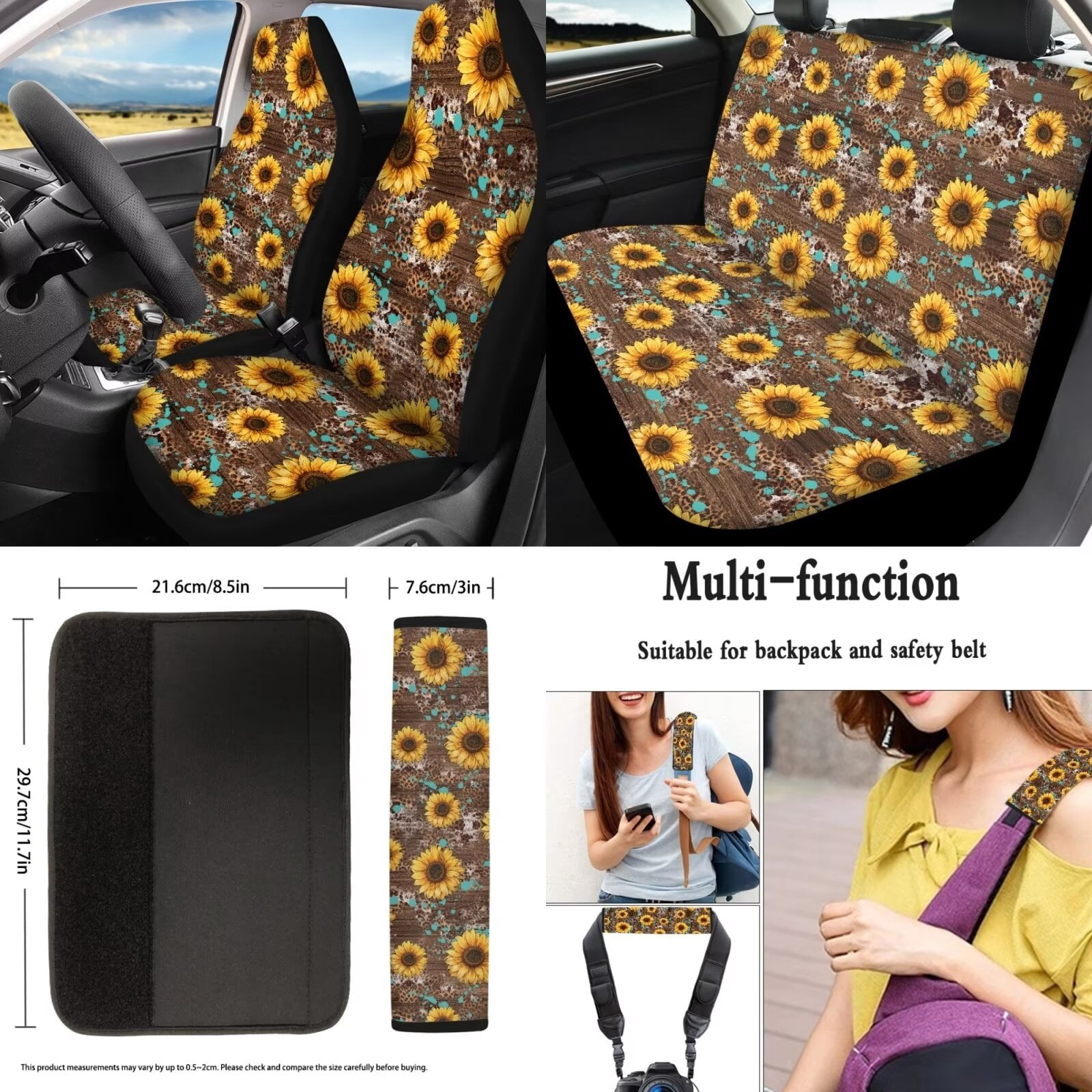 KUIFORTI Sunflower Car Seat Covers Full Set 15 Piece Car Seat Cover Steering Wheel Cover Seatbelt Covers Car Cup Coasters Car Trash Bag Air Vent Storage Bag Rear View Mirror Cover Keychain