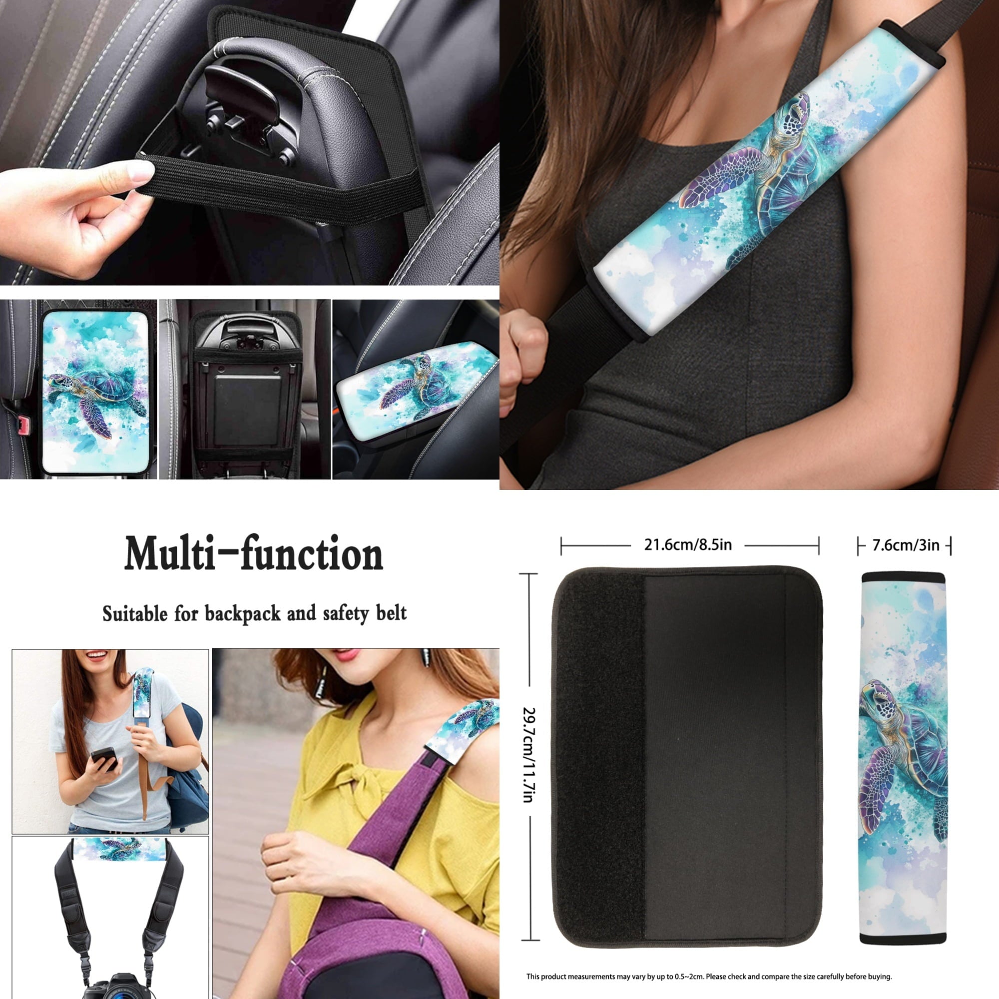 Jeiento 13 PCS Car Seat Cover Full Set, with Steering Wheel Cover Seat Belt Strap Cover Armrest Cushion Cup Coaster Keychain Lipstick Holder Watercolor Sea Turtle Auto Decor Fit for SUV Van Sedan
