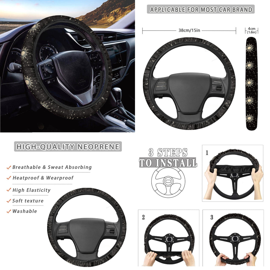 Yuyamidu Sun and Moon Car Seat Cover Full Set of 14 Steering Wheel Cover Auto Seatbelt Pads Cup Coaster Trash Can Rear View Mirror Cover Coasters Armrest Cover Gear Shift Knob Cover Set