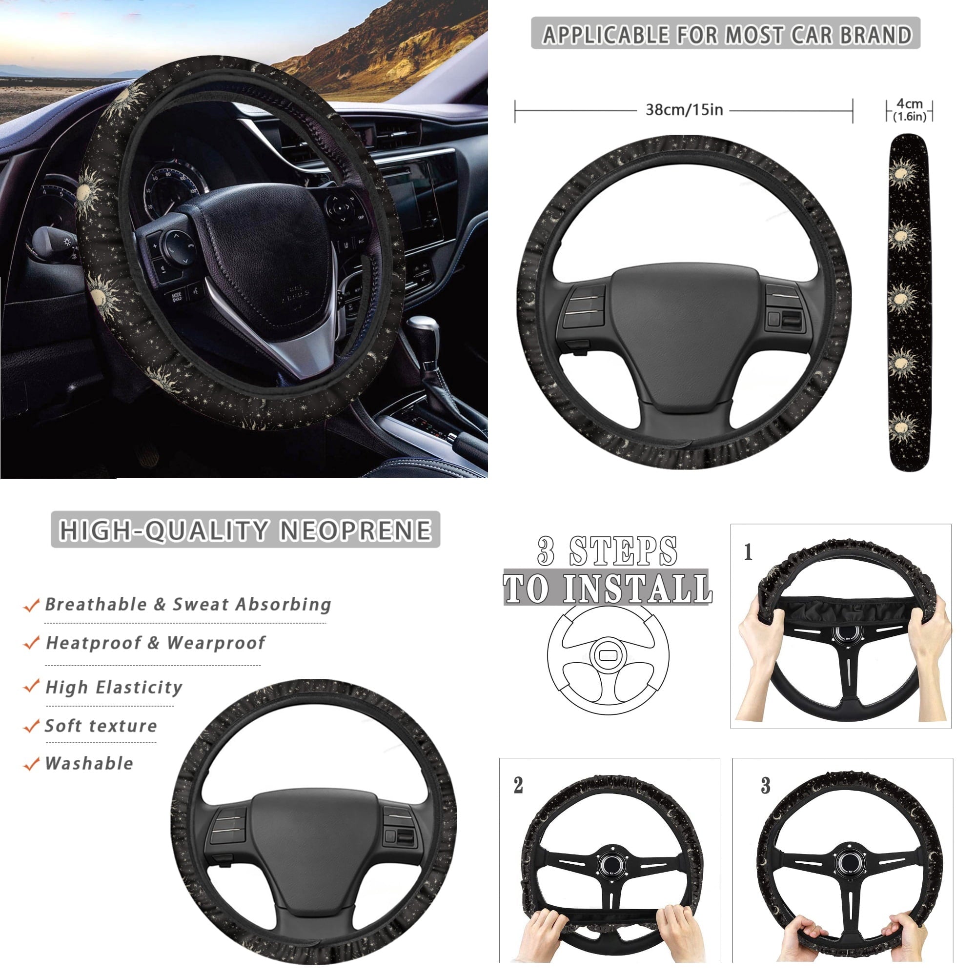 Yuyamidu Sun and Moon Car Seat Cover Full Set of 14 Steering Wheel Cover Auto Seatbelt Pads Cup Coaster Trash Can Rear View Mirror Cover Coasters Armrest Cover Gear Shift Knob Cover Set