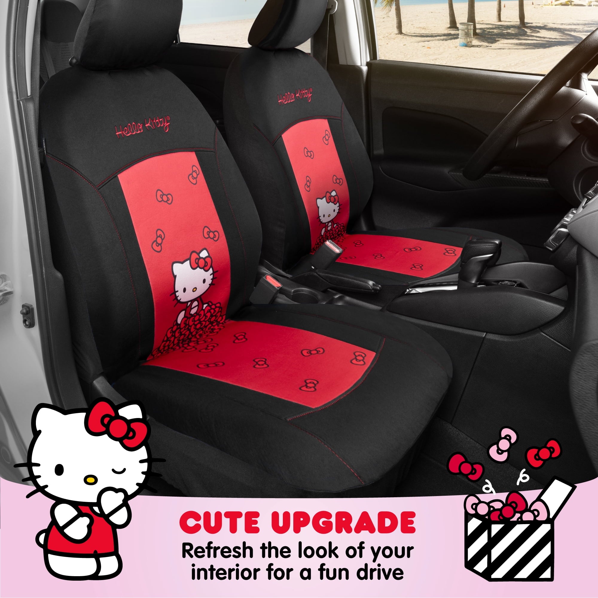 Hello Kitty Car Seat Covers, Car Floor Mats, Steering Wheel Cover, Windshield Sun Shade 9pc Combo for Car Gift Pack