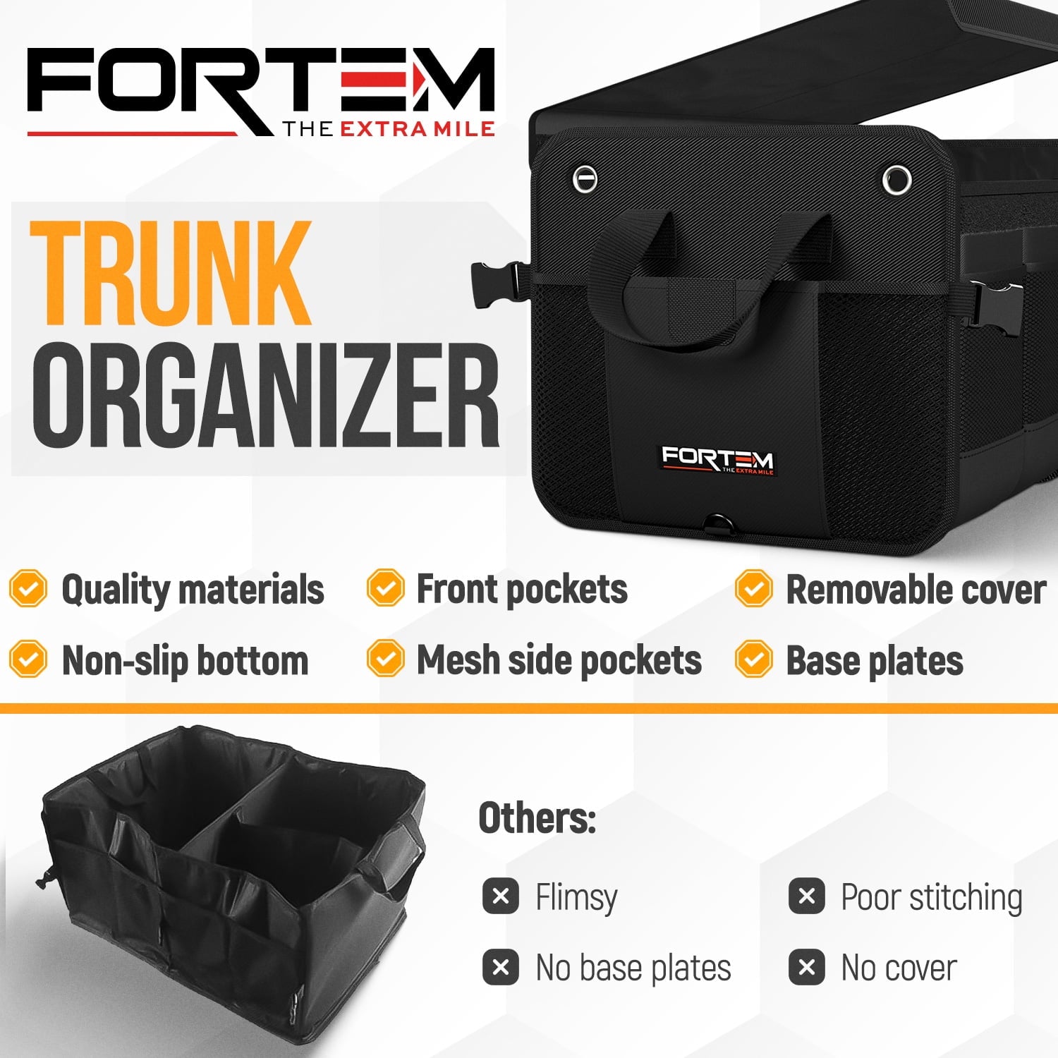 FORTEM SUV Trunk Organizer, Car Organizer, Collapsible Multi-Compartment Storage Bag for Car Accessories for Women Men, 1680D Oxford, Non Slip Bottom, Adjustable Straps, Soft Cover (90L)