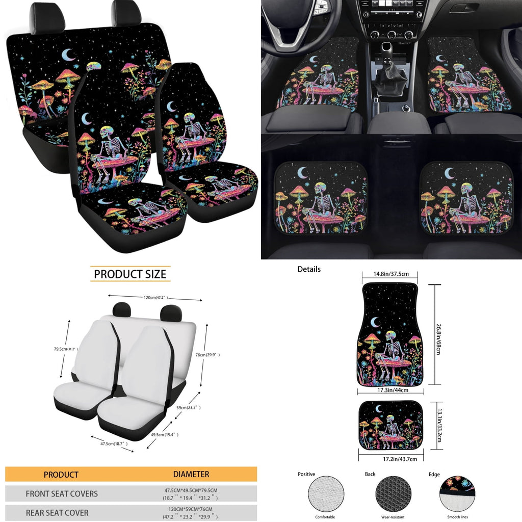Yuyamidu Skull Car Seat Cover Full Set of 15 Red Mushroom Car Floor Mats Steering Wheel Cover Seat Belt Covers Cup Coasters Handbrake Cover Set