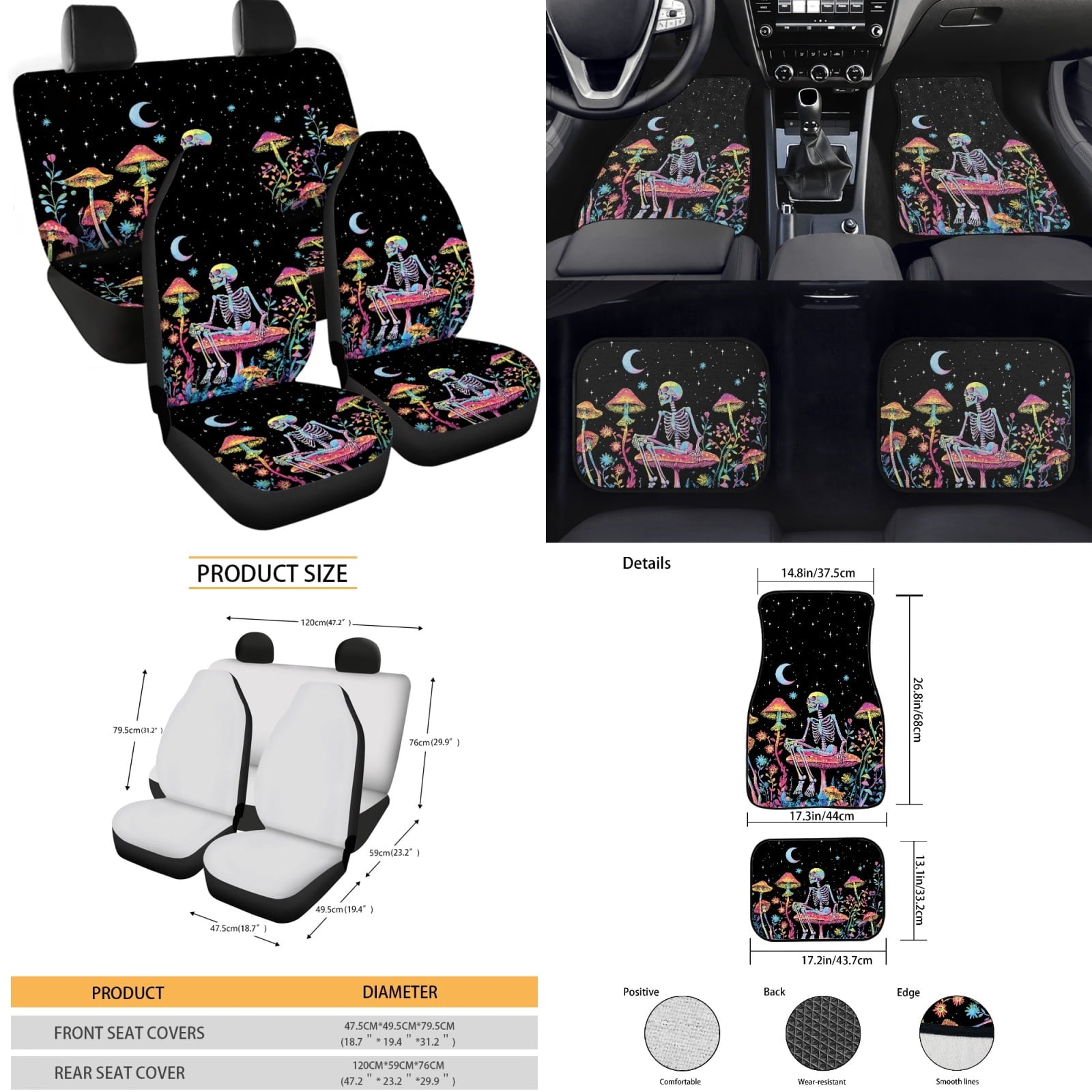 Yuyamidu Skull Car Seat Cover Full Set of 15 Red Mushroom Car Floor Mats Steering Wheel Cover Seat Belt Covers Cup Coasters Handbrake Cover Set