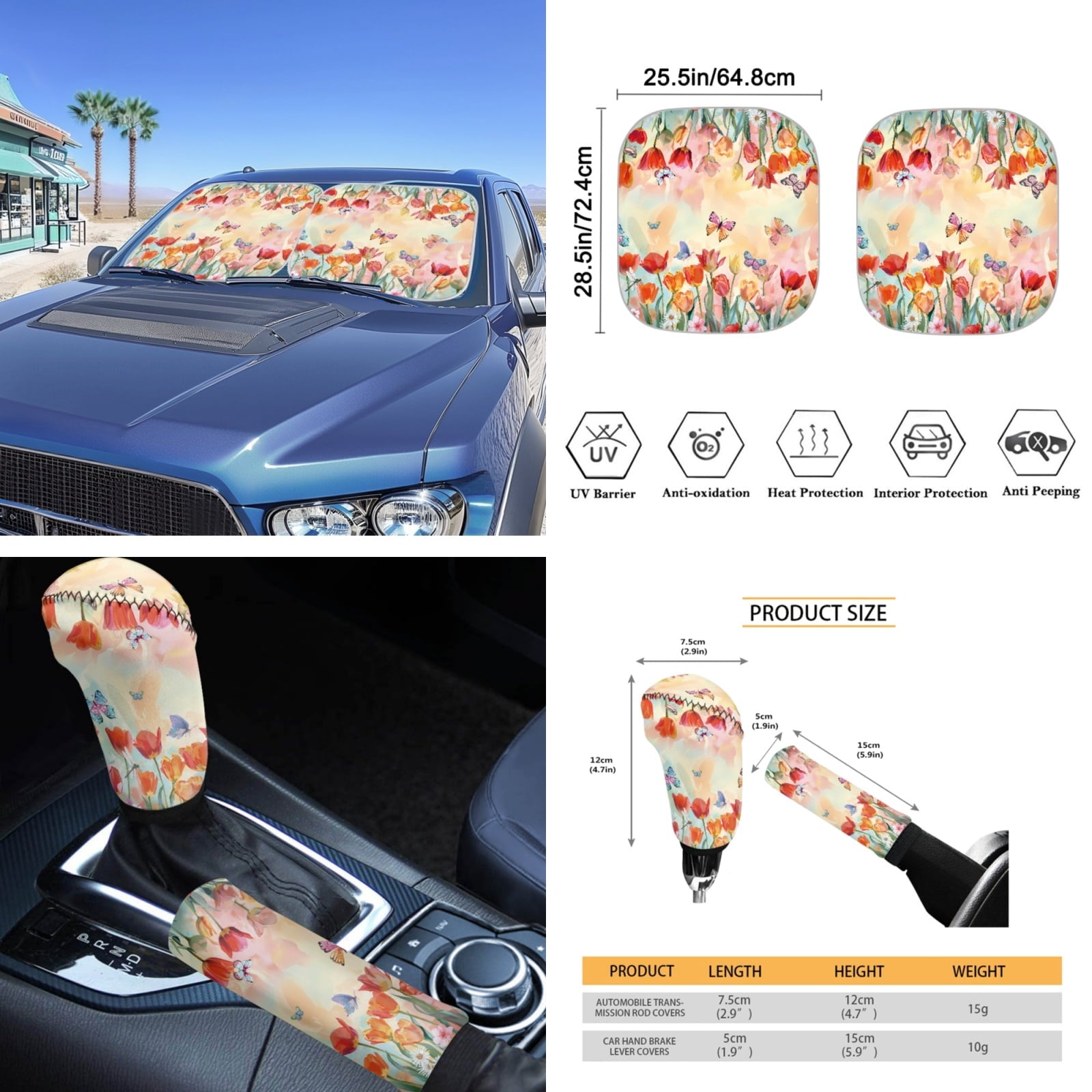 Yuyamidu 16 PCS Car Seat Cover Set with Steering Wheel Cover Tulip Seat Belt Strap Pad Butterfly Cup Holder Rear View Mirror Cover Keychain Gear Shift Knob Cover Car Shade for Front Windshield