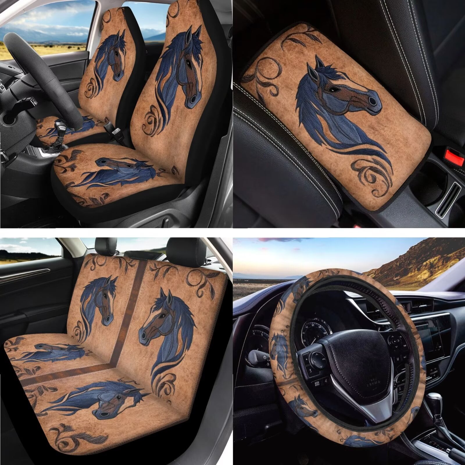 LedBack Horse Print Car Seat Covers Set of 15 Car Front and Back Seat Cover Steering Wheel Cover Armrest Pads Covers Headrests Cover Seatbelt Cover Car Coaster Keychain, Car Interior Accessories