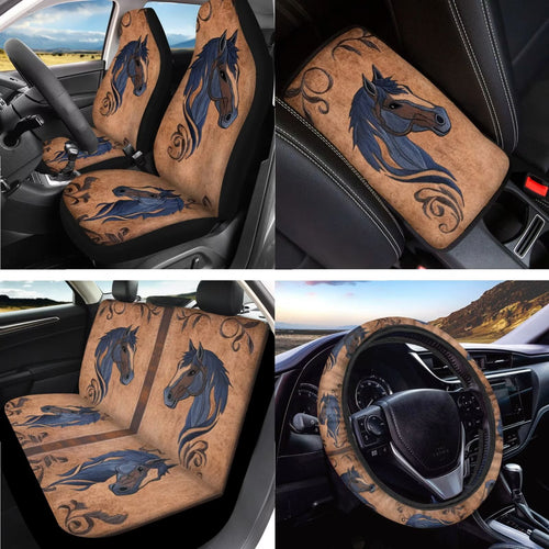 LedBack Horse Print Car Seat Covers Set of 15 Car Front and Back Seat Cover Steering Wheel Cover Armrest Pads Covers Headrests Cover Seatbelt Cover Car Coaster Keychain, Car Interior Accessories